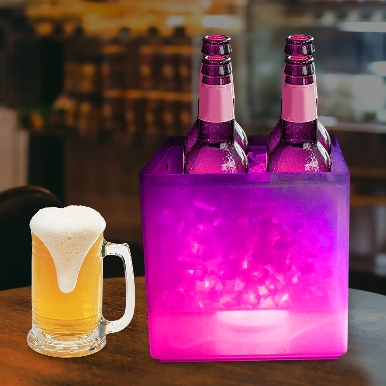 Cubo de hielo LED Cubo de hielo multicolor Cubo de gran capacidad de 3,5 L Cuerpo de cubo de doble capa Adecuado para familias, lugares de actividades