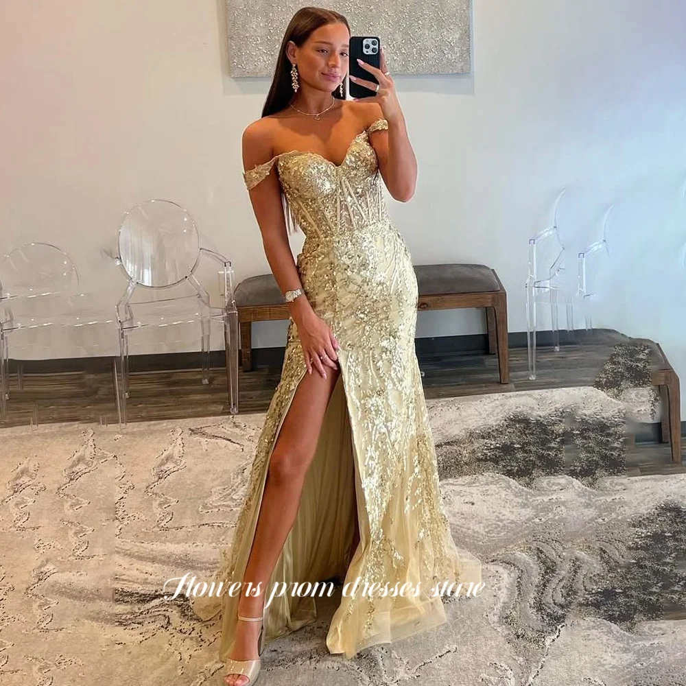 

Flowers Off Shoulder Party Dress Glitter Evening Dress High Slit Sequin Party Dress Brilliant Applique Vestidos Customized