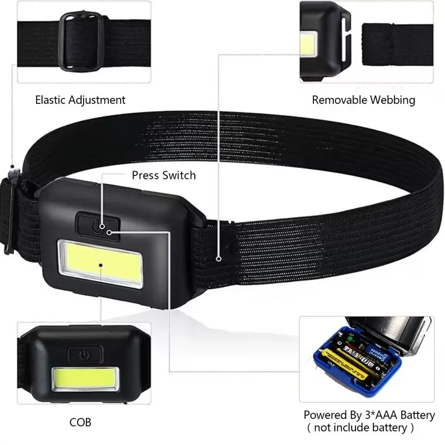 Lampu utama LED COB Super terang, 3 mode lampu depan ringan senter kepala AAA tidak termasuk baterai