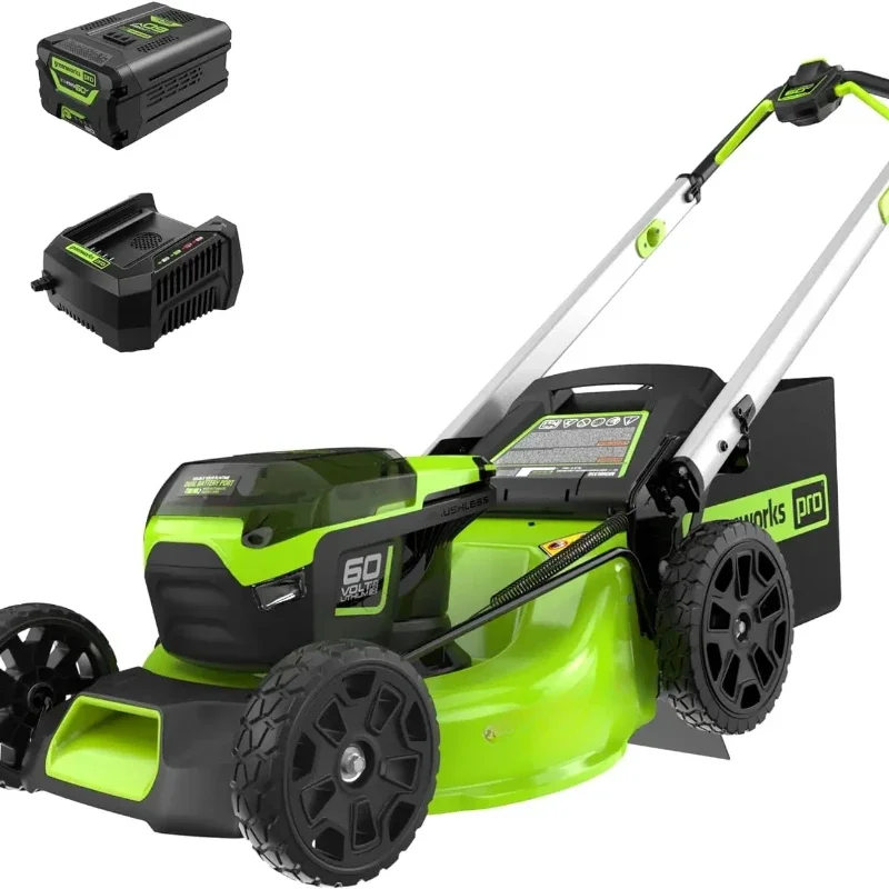 Greenworks For 60V 21” Cordless (Push) Lawn Mower (LED Lights + Aluminum Handles), 5.0Ah Battery and Rapid Charger