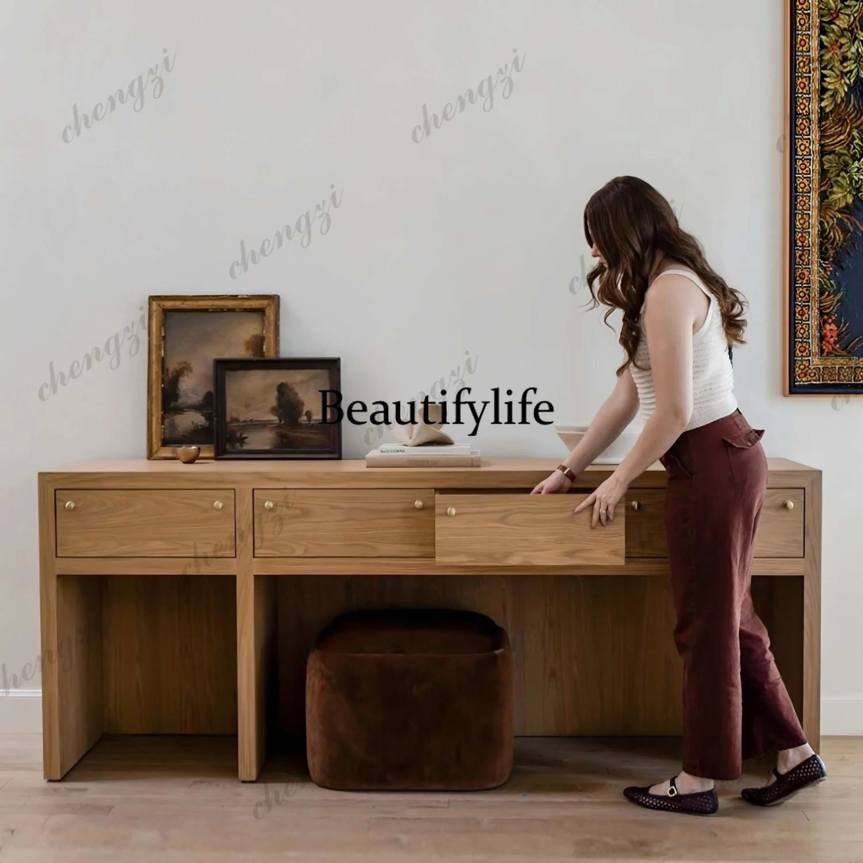 French retro style log color solid wood porch table simple style home decoration cabinet multi-functional dresser