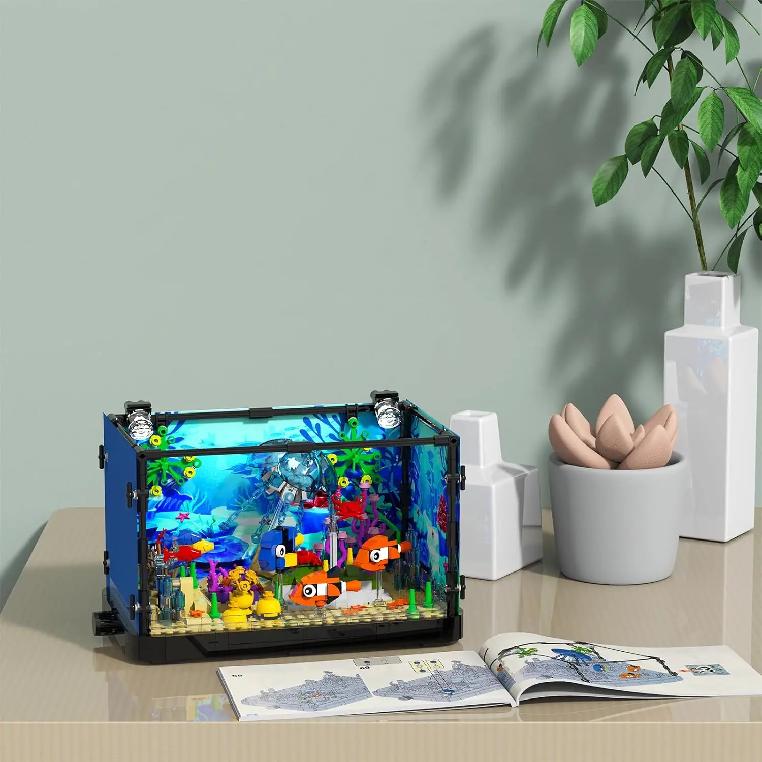 Fish Tank Building Sets Aquarium with Light Kits Includes Rotatable Jellyfish Crab Clownfish Parrotfish Marine Plants Display