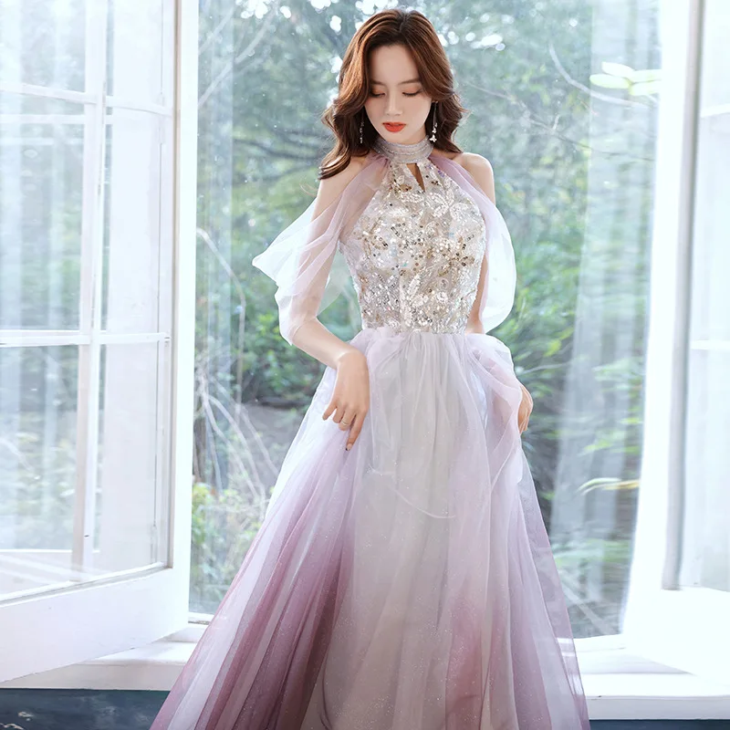 

Gradient Halter Evening Dress Women Off Shoulder A-line Sequin Homecoming Dresses Exquisite Elegant Piano Performance Gown