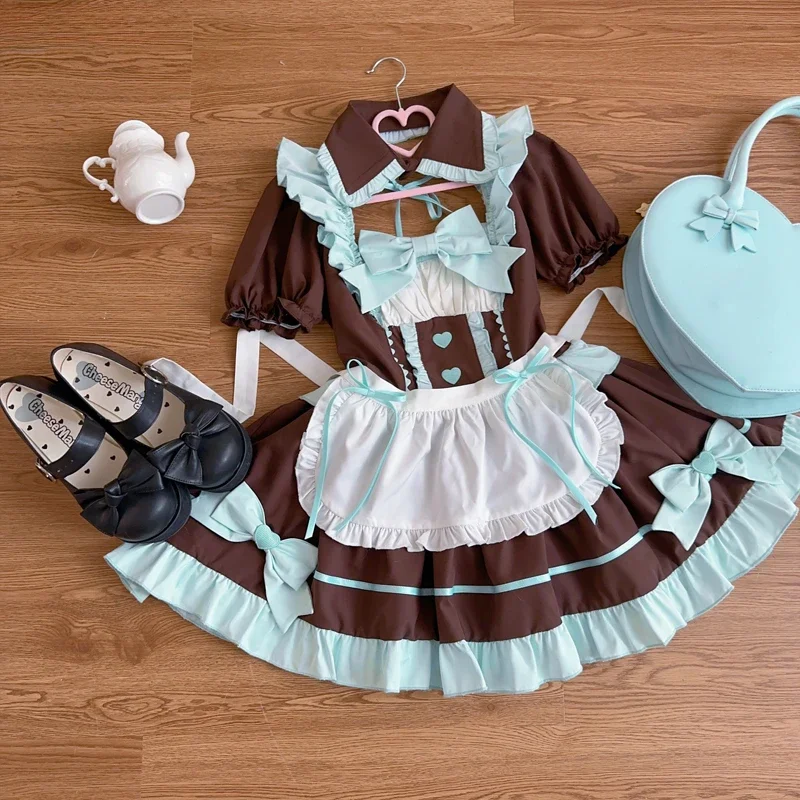 Conjunto de vestido de sirvienta de Anime Lolita para mujer, delantal dulce con lazo y manga abombada, disfraces de Halloween, vestidos de fiesta, vestido gótico bonito para niñas