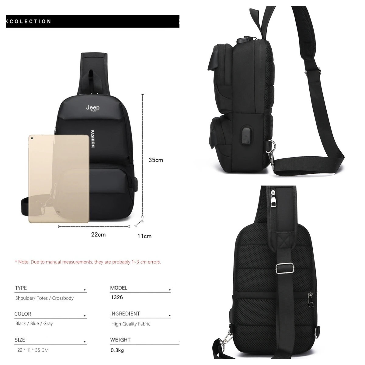 JEEP BULUO Brand Men Chest Bag Fashion Casual Black Nylon Crossbody Backpack Sling Bag For Boy And Girls Waterproof High Quality