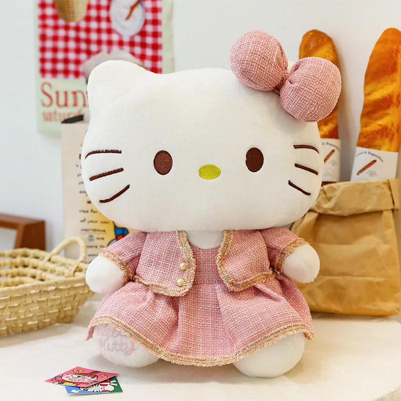 Sanrio плюшевая игрушка-кошка, большая клетчатая юбка, кукла для детей, подарок на день рождения, Рождество, идеальный приятный компаньон перед сном
