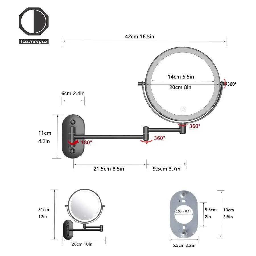 Specchio per trucco montato con luci, supporto da parete per specchio ingranditore 10x per vanità, bagno e rasatura, montaggio a parete ricaricabile