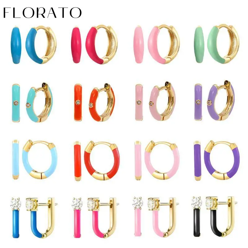 Pendientes 925 Sterling Silver Ear Buckle Colorful Enamel Hoop earring CZ gold Kolczyki dla kobiet Biżuteria modowa prezent urodzinowy