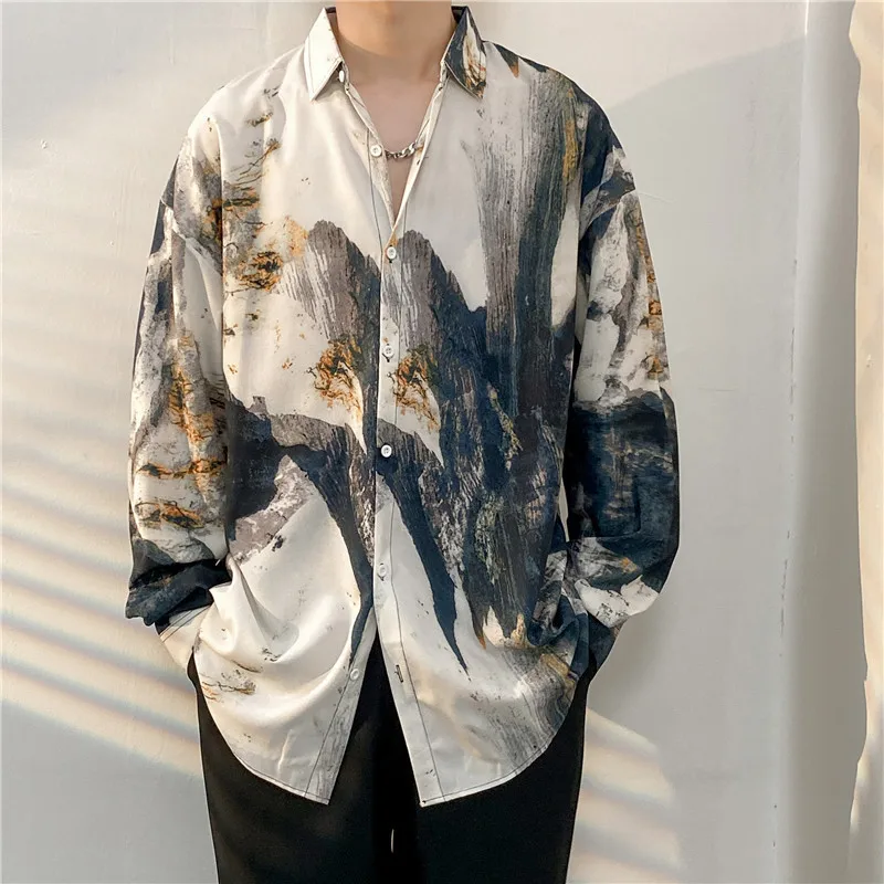 Vintage Summer Tie-dyed Painting Shirt Men Hip Hop Loose Long Sleeve Shirt Male Fashion Hawaii Button Long Sleeve Blouse Tops