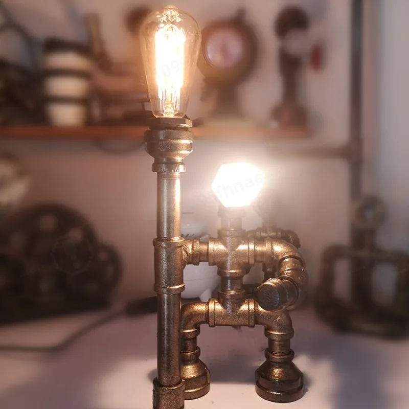 Loft Industrial Retro Iron Pipe Robot Table Lamp Eye Friendly LED Desk Light Creative Decor Lamp for Study Bedroom Holiday Gift