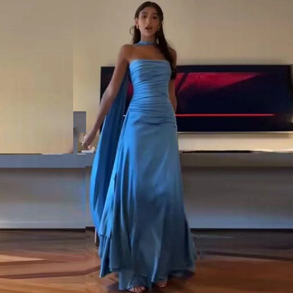 

Blue Evening Dresses Women Strapless Sleeveless High Quality Banquet Celebrity High Quality Formal Occasion Female Gowns Sexy