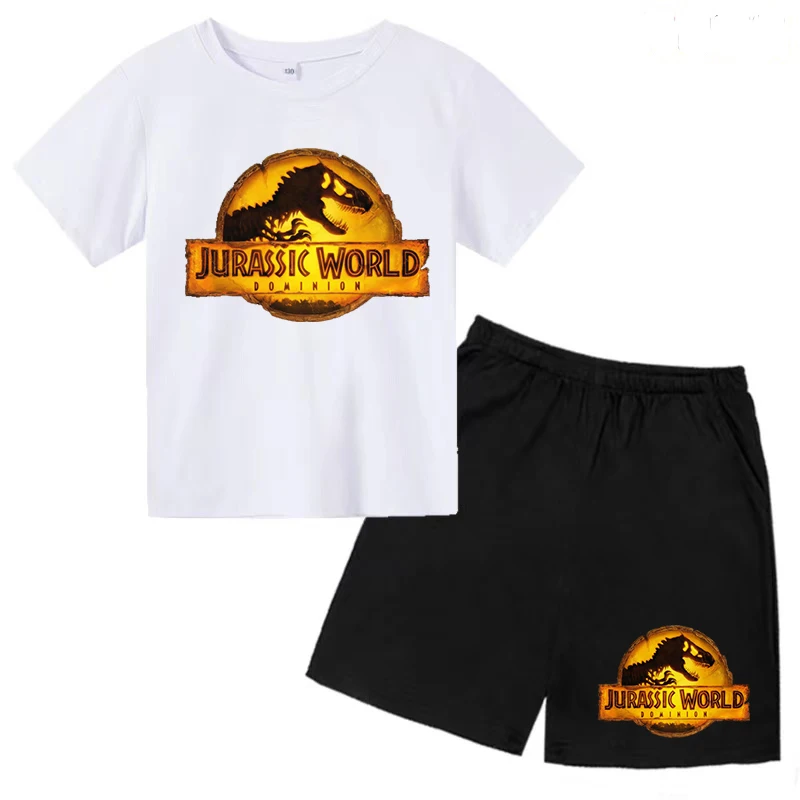 Children\'s Summer Dinosaur T-shirt Top + Shorts 2P Boy Girl Horror Pattern Fashion Casual Home Outdoor Sports Comfortable Clothe