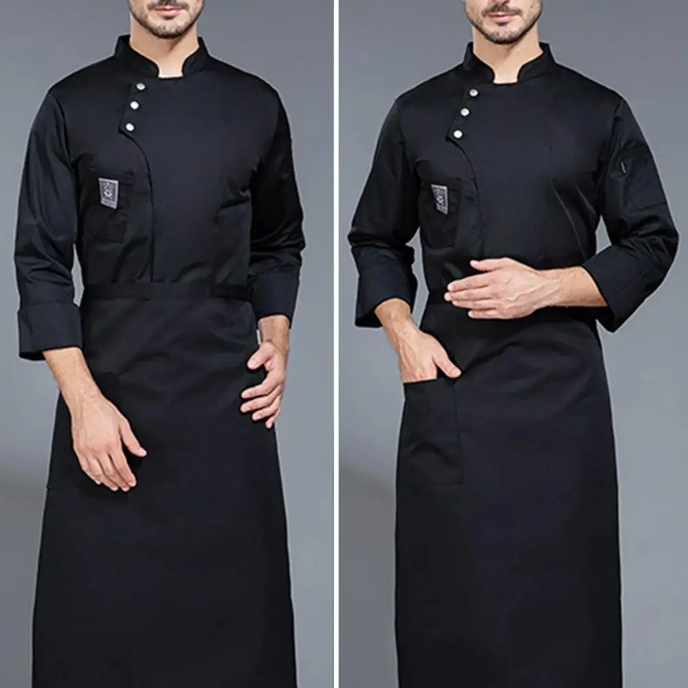 Uniforme de Chef elegante con cuello alto, diseño de doble botonadura, resistente a las manchas para panadería y café