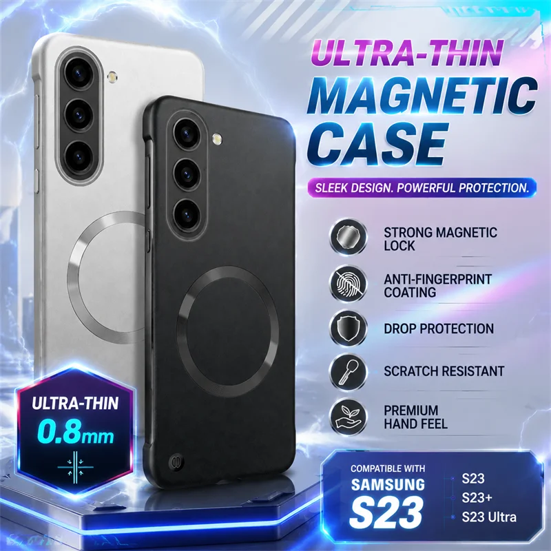 Bezel-less Magnetic Ultra-thin Matte Metal Phone Case for Samsung S23 S23Plus S23FE Compatible with Wireless Charging Hard Cover