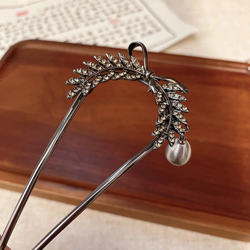 High-end Pearl Rhinestone Wheat Hairpin Women Ancient Style U-shaped Hair Clasp Back Head Hair Sticks Versatile Hair Accessories