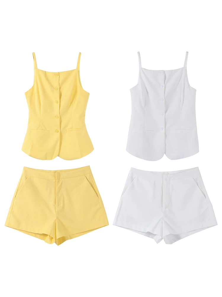 

Elegant Women's Vest Shorts 2 Piece Set Sleeveless Button Front Top Matching High Waist Shorts Summer New Vacation Party Outfit