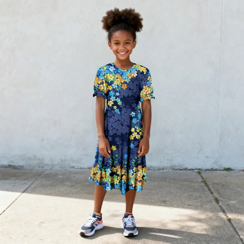 2025 New - Floral Print Short Sleeve Medium Length Dress - Fashion Navy Blue Flower Kids Casual Dress for Parties&Everyday Wear