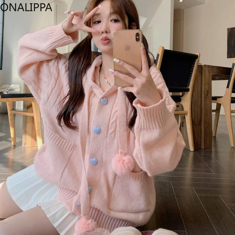 Onalippa Gentle Wind Hooded Oversized Cardigan Women Contrast Chic Buttons Pink Cardigans Korean Hemp Pattern Mid-length Hoodies