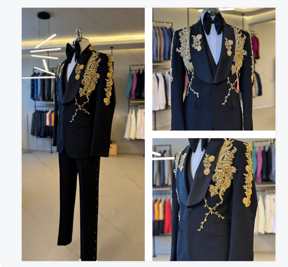

Black Men Suits Set 2 Pcs Blazer+Pant Trouser Wedding Tuxedo Golden Stone Crystals Formal Office Cotton Groom Prom Jacket Coat