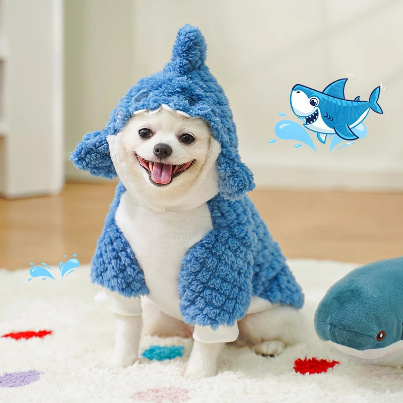 

Pet hoodie shark costume dogs clothes lattice apparels dog coat jackets winter coats small ropa para perros puppy fleece dresses