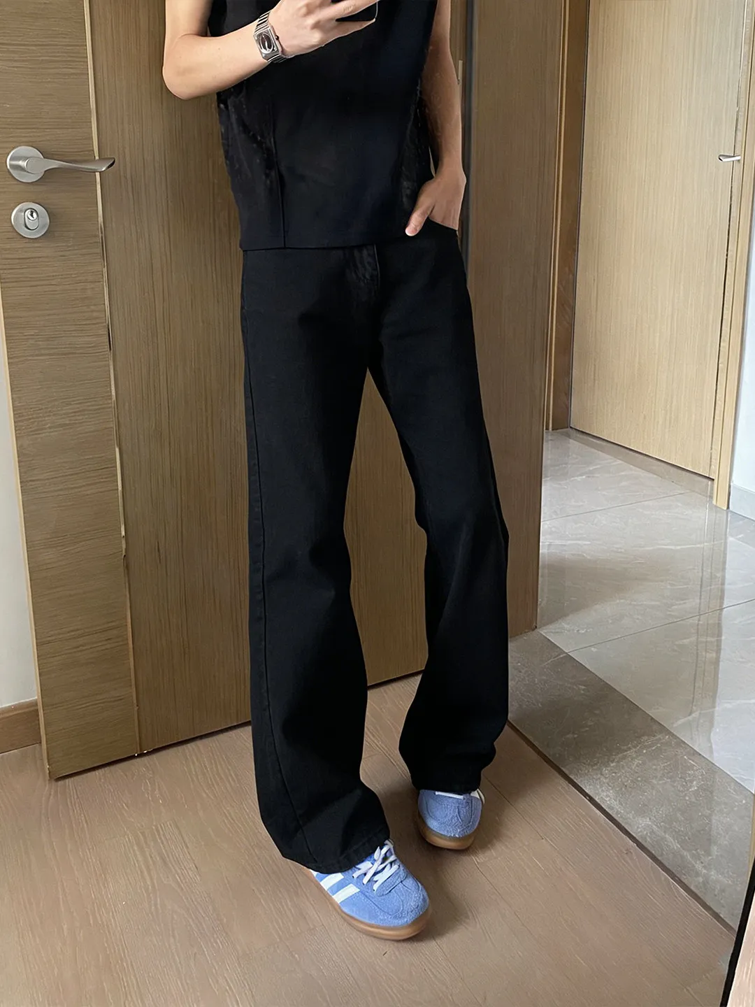 

Black Straight Leg Men's Jeans Cleanfit Rise Micro Flared Pants Casual Long Trousers Spring Season Slim Fit Denim Jeans