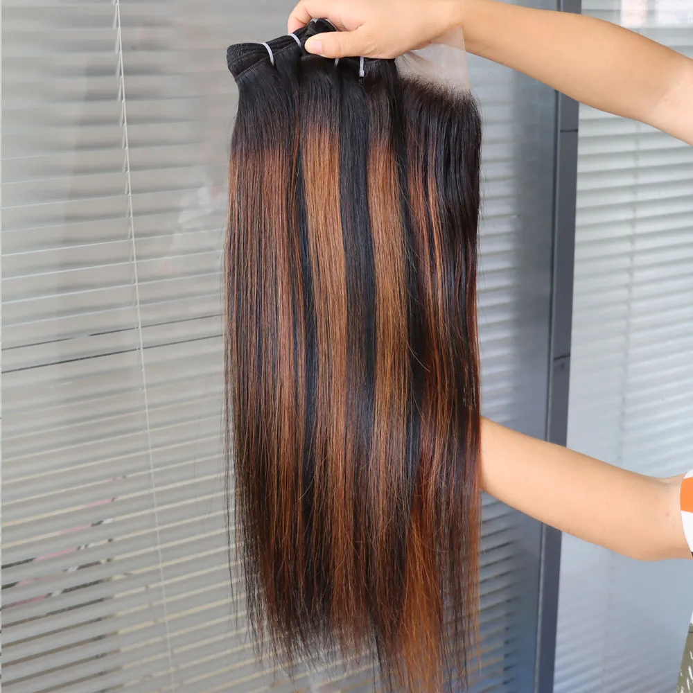 الجملة عذراء الشعر البشري ريمي لحمة شعر النسيج تسليط الضوء على 1B/30 مع الدانتيل إغلاق أمامي البيانو اللون حزم الشعر