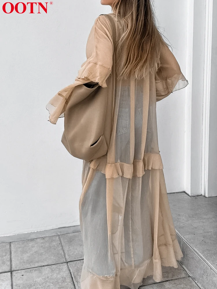 OOTN Khaki Dress Women Sexy V Neck Sheer Mesh Patchwork Ruffled Female Elegant Flare Sleeve Loose Long Dresses Autumn 2024