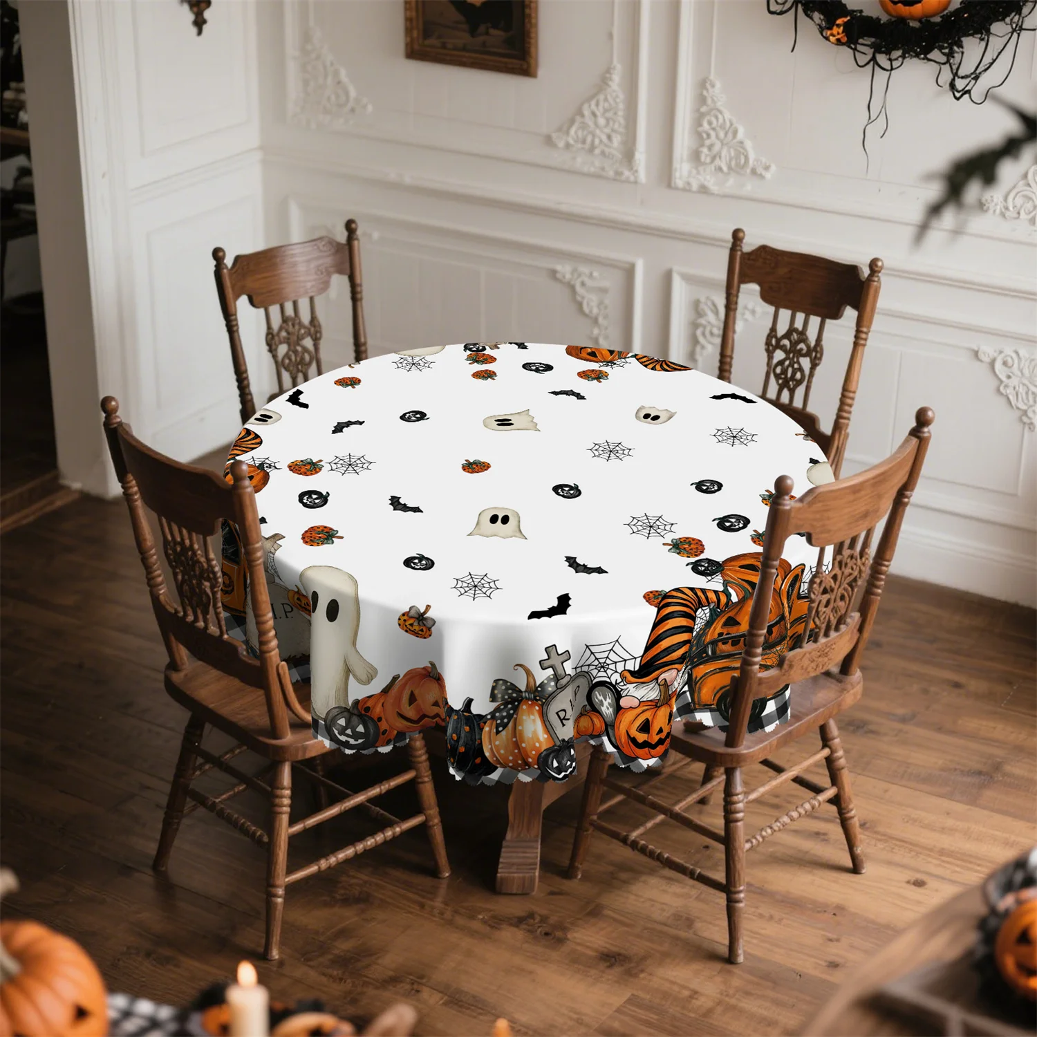 Pumpkin lantern, truck, goblin, bat, spider web, Halloween tablecloth, suitable for rectangular and circular tables