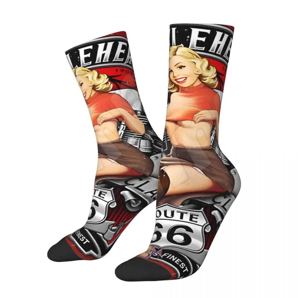 Motorcycle Girl Men's Socks Retro Harajuku Highway 66 Street Style Novelty Casual Crew Sock