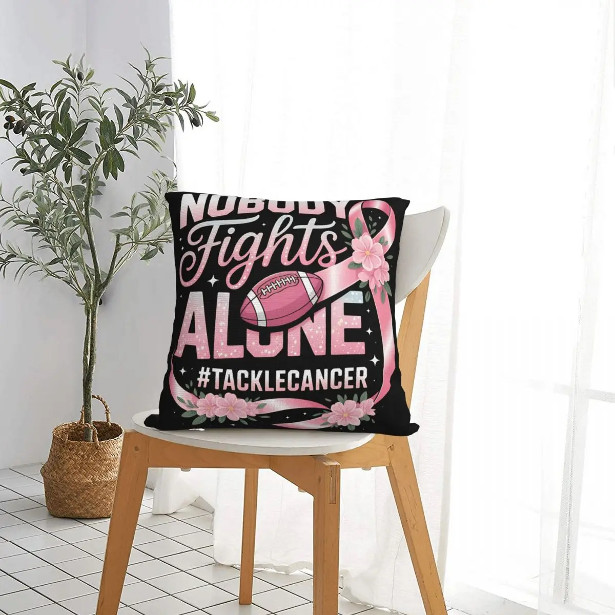 Nobody Fights Alone Tackle Breast Cancer Football Pillow Cases Cushion Covers Zipper Decorative Pillowcase for Car 40x40cm