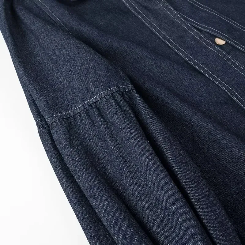 Damska koszula jeansowa z długim rękawem, stójką, paskiem i kokardą w stylu francuskim, idealna do dojazdów do pracy, nowość na jesień 2025.