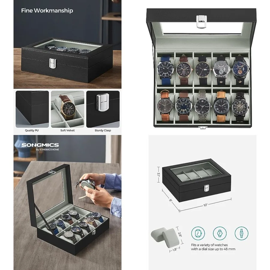 

Watch Box, Watch Case Organizer with Large Glass Lid, Removable Pillows, Gift for Loved Ones, Black Synthetic Leather, Gray Lin