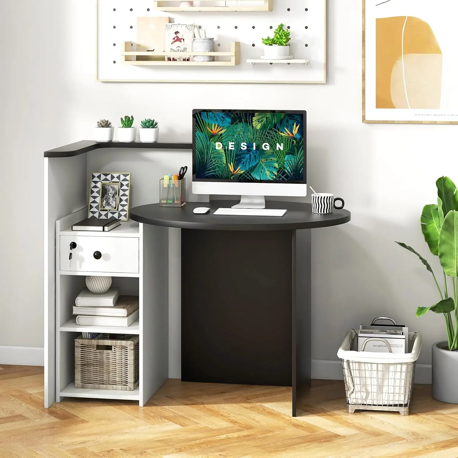 Retail Counter Desk with Lockable Drawer, 3-Level Adjustable Shelf & Oval Desktop, Checkout Front Counter, L-Shaped Office Desk