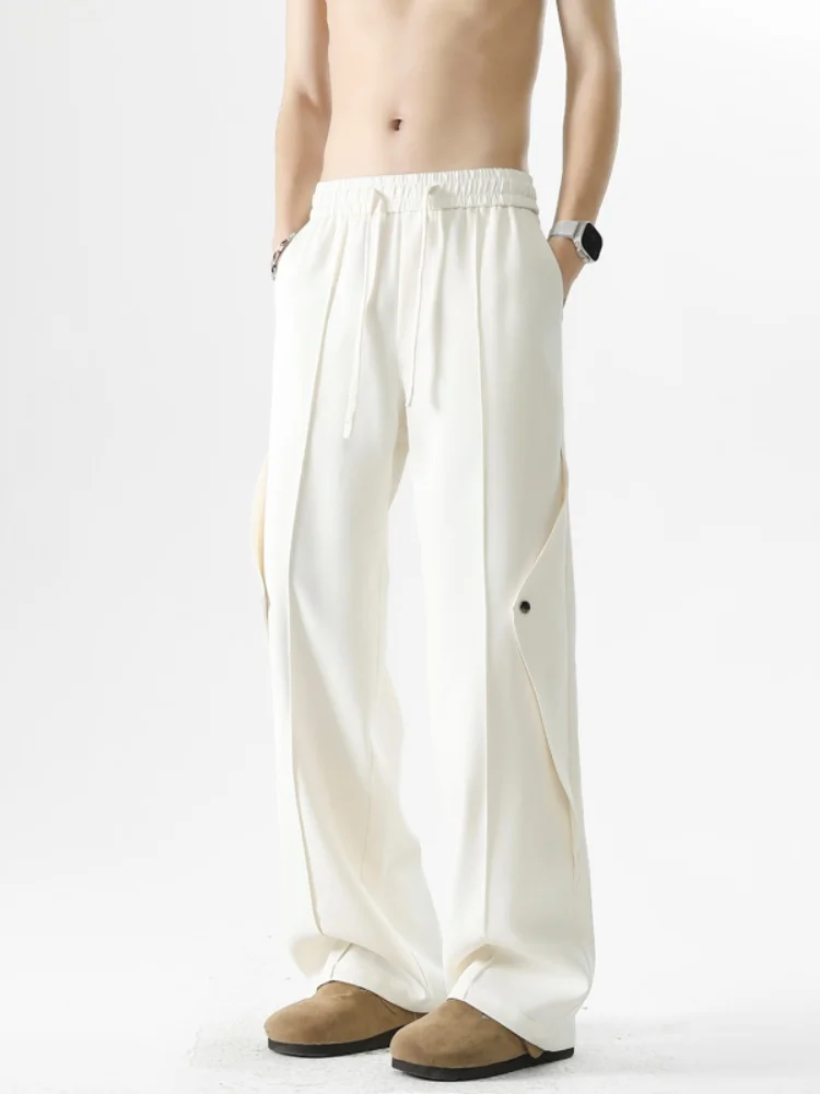 

Белые мужские летние повседневные брюки из ледяного шелка, тонкие, свободные, прямого кроя, класса люкс, с эффектом драпировки, широкие, модные