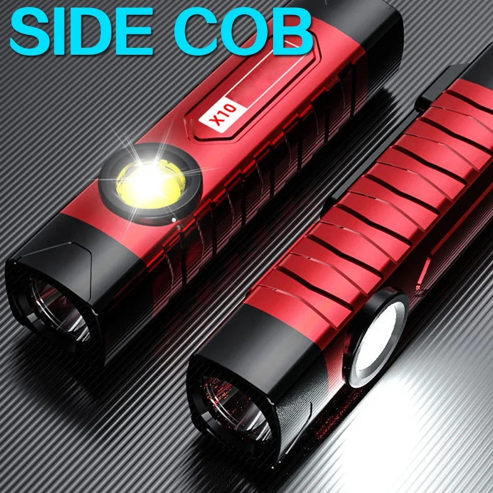 Portable LED Flashlight USB Rechargeable Lantern Pocket Hand Light Mini Torch with Side Light Built-in Battery Outdoor Camping