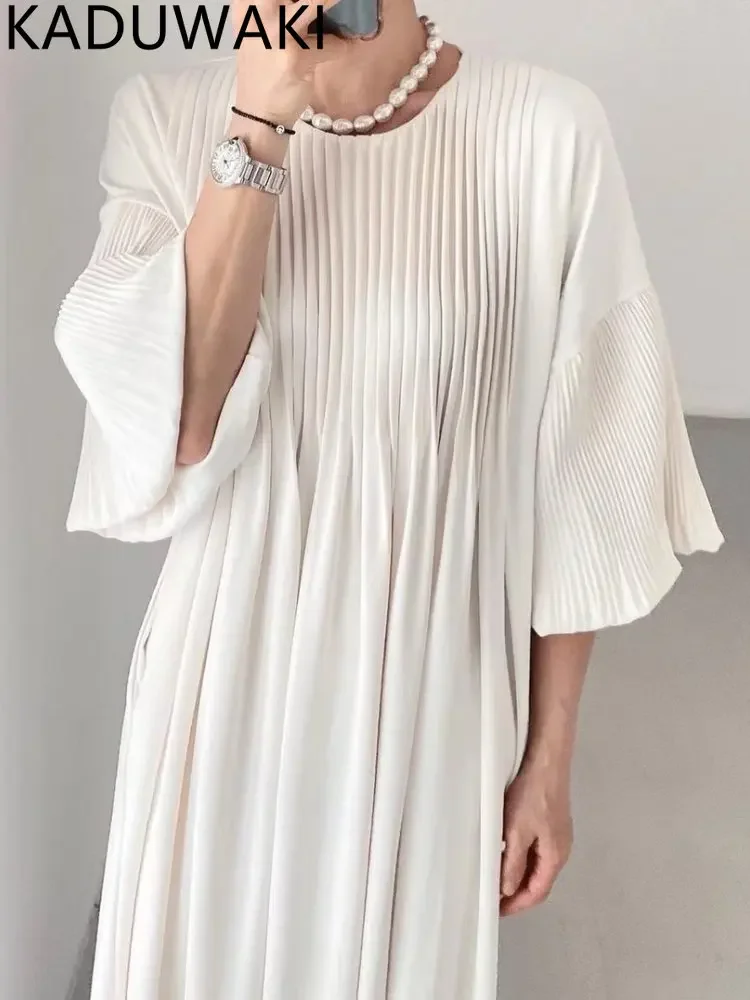 French Style Lantern Sleeve Pleated Dress Women O Neck Loose Vintage Elegant Simple Vestidos Autumn 2024 New Office Lady Robe