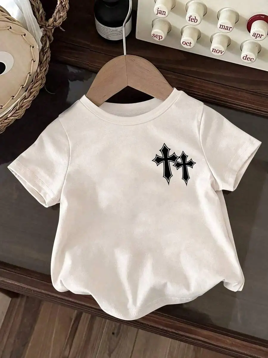 

Baby Boys White Crew Neck Tee with Black Cross Graphic, Casual Summer Wear