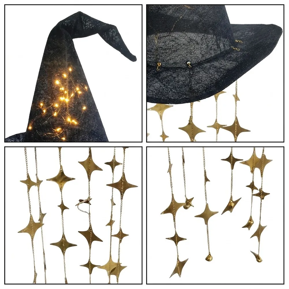 Witch Hat Chime with Light Up LED Effect and Gentle Star Swing for Halloween Indoor Outdoor Decor 48cm Hat 70cm Total