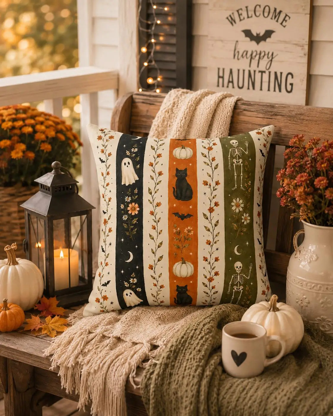 1pc Halloween Striped Pillow Cover Polyester 2D Double Sided Print Ghost Black Cat Pumpkin Skeleton Cushion Case for Living Room