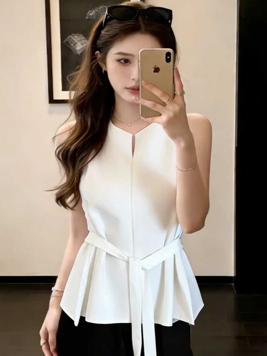 

Elegant Thin Suit Jacket Vest Women's Sleeveless Waist-Cinching Outerwear Unique Casual Fashion V-Neck Regular Length