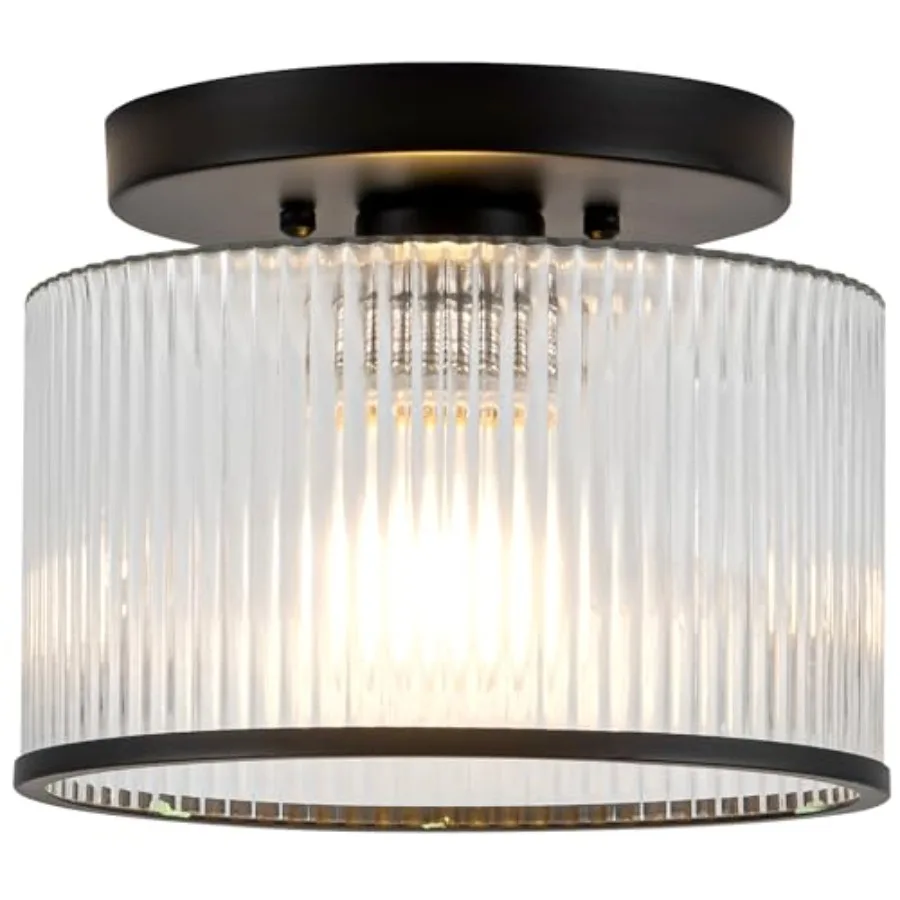 

Glass Ceiling Light, Clear Ribbed Glass Ceiling Light Fixture with Black Metal Frame, Modern Semi Flush Mount Ceiling Light for
