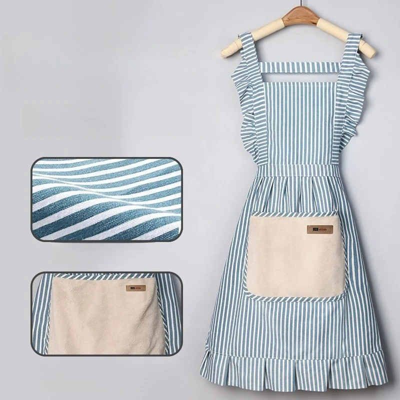 Delantal de lino y algodón a la moda para mujer, ropa de trabajo de comedor, nuevo delantal de bolsillo grande a rayas, correa de mano limpiable para el hogar y la cocina, 2025