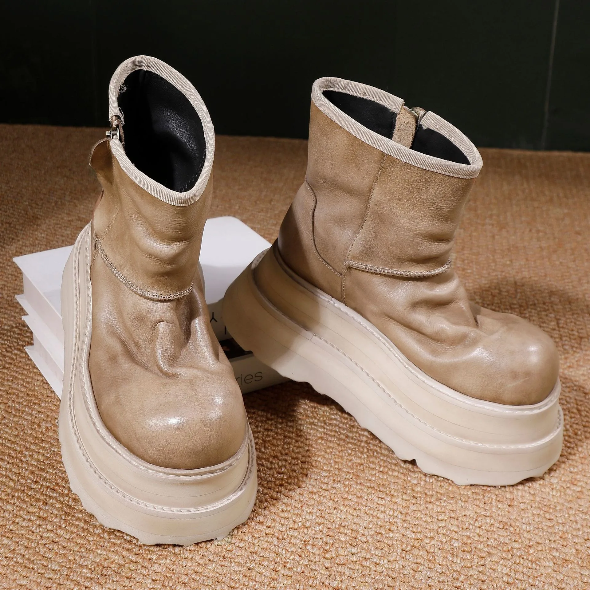Birkuir Retro Thick Heel Pleated Ankle Boots For Women Round Toe Side Zip Luxury Flat Platform Genuine Leather Lightweight Shoes