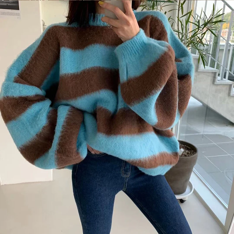 Women\'s Clothing Korean Stripe Knitting Sweater Round Neck  Long Sleeves Vintage Casual Fashion Baggy Ladies Tops Autumn