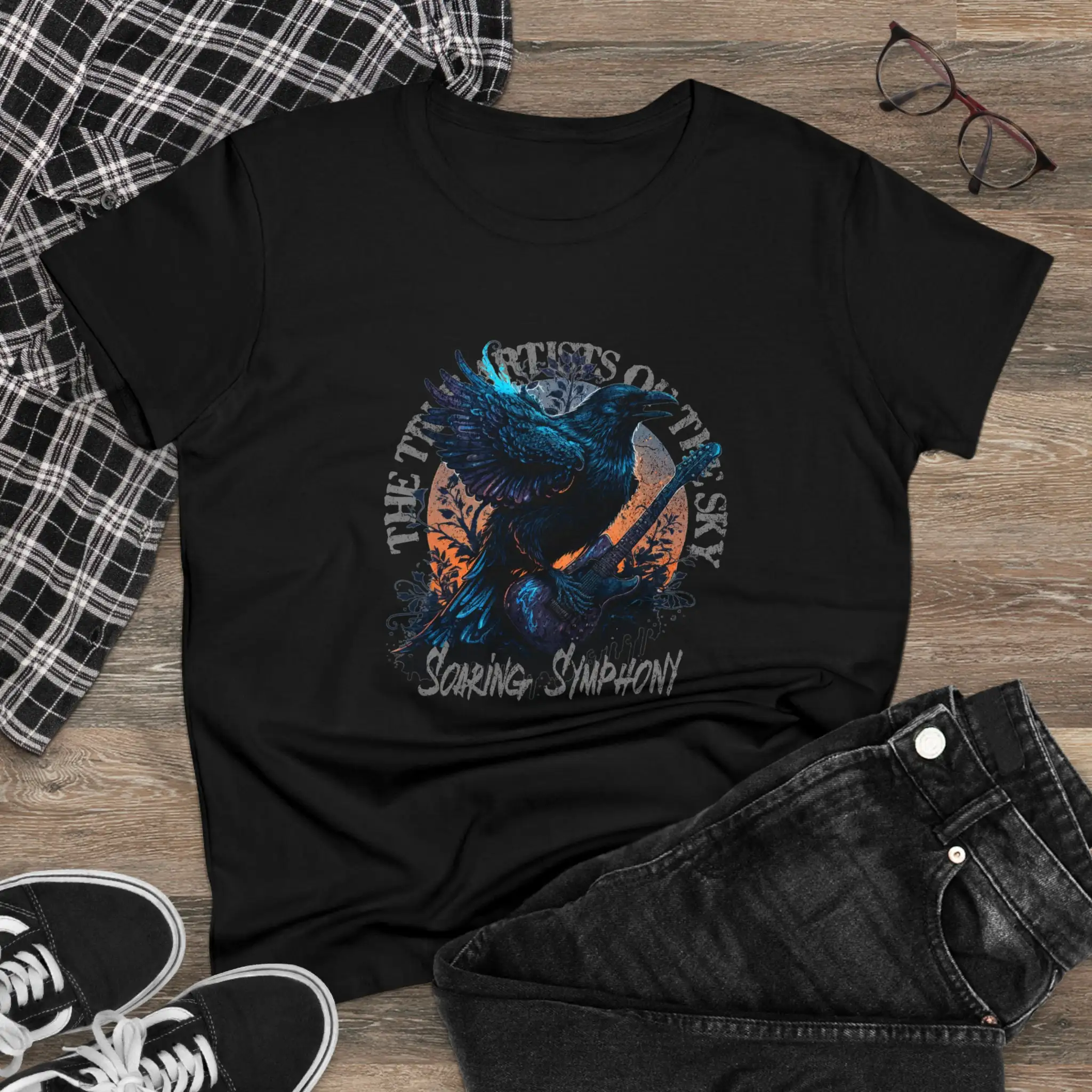 Soaring Symphony bird with a guitar Women's Midweight Cotton T Shirt