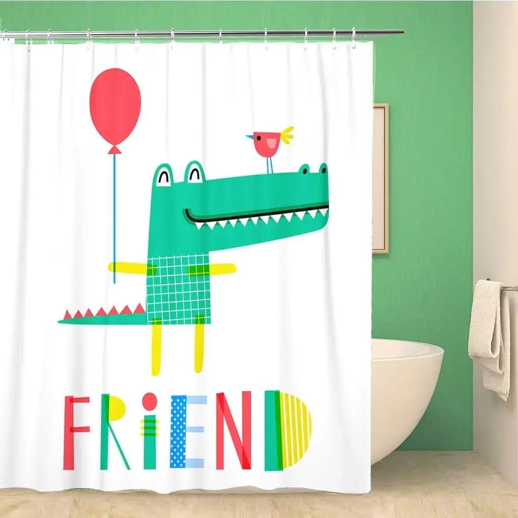 Cartoon Style Animal Shower Curtain Funny Crocodile Kids Shower Curtain Waterproof Fabric Bathroom Decor Screen with Hooks