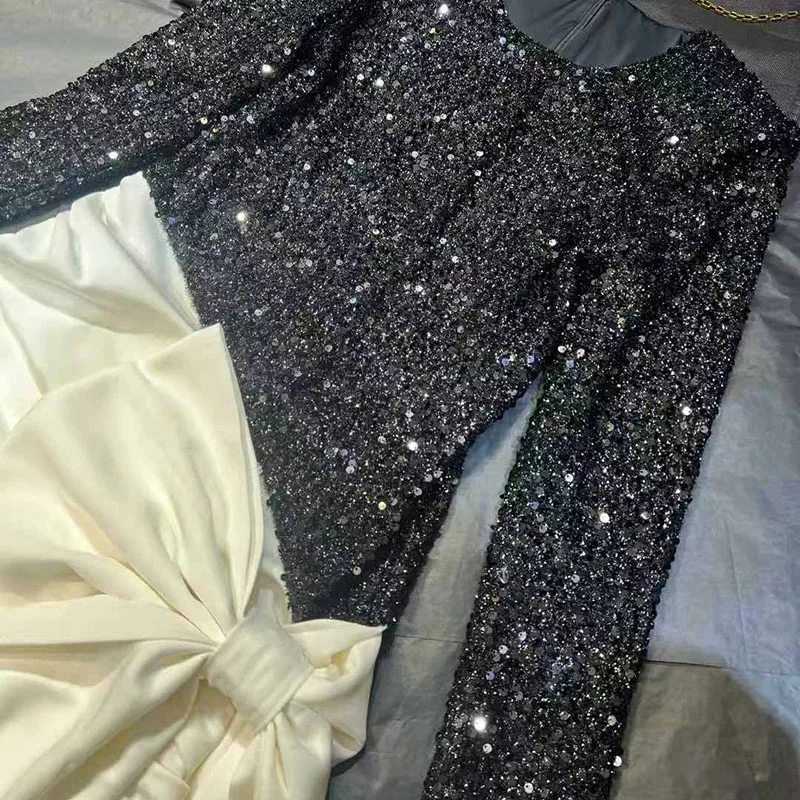 Damen-Patchwork-Kleid mit Pailletten, langärmelig, Rundhalsausschnitt, figurbetonter Rock mit Farbblockierung, hochwertiges Abendkleid, Herbst, Neuankömmling,