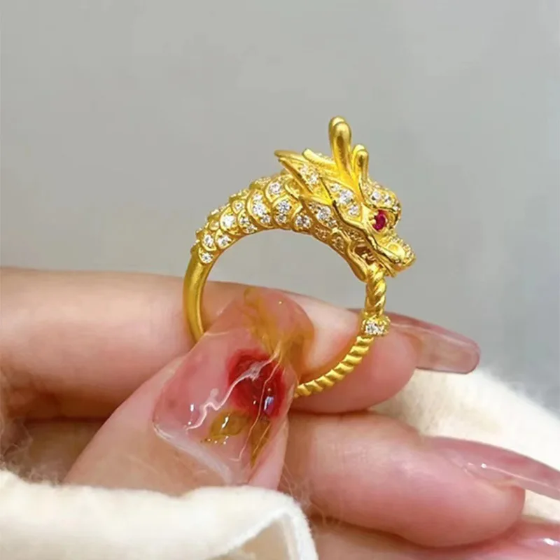 925 Silver Plated Gold China-Chic Golden Dragon Dominant Leader Ring Dragon Tiger Spirit Life Year Can Wear Dragon Ring