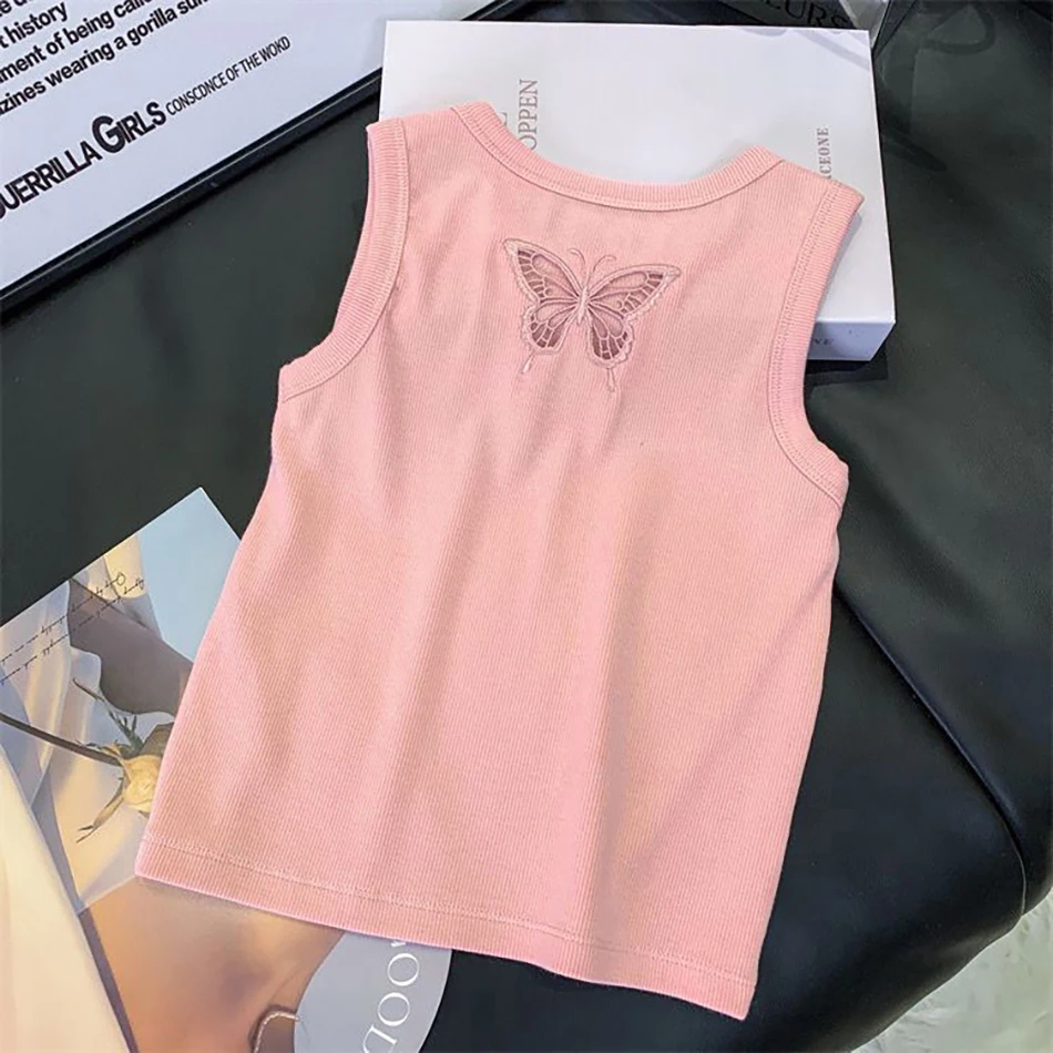 

Summer Kids Hollow Out Butterfly Pattern Vest Tops 2025 Baby Sleeveless T-shirt Girls Clothes Girl Casual Ice Silk Cool Tank Top