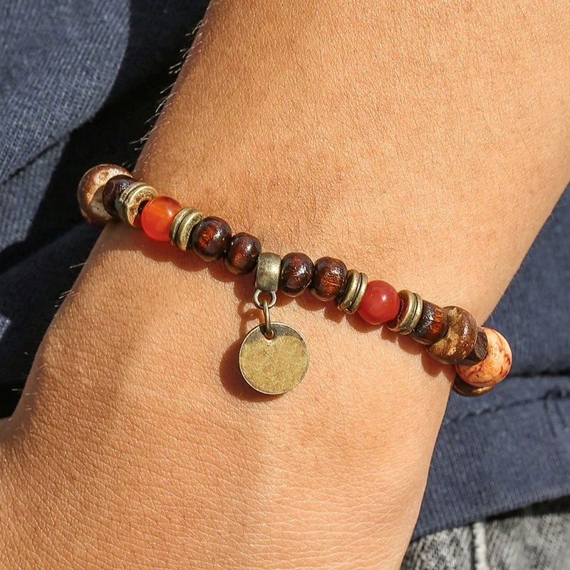 Hot Selling Vintage Beaded Bracelets For Men Pine Stone Wood Pearl Coconut Shell Beaded Men's Bracelets Gifts